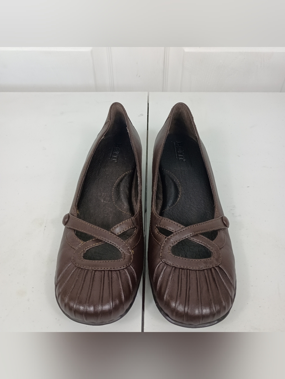 Born Kitten Heels 8.5 Womens Brown Leather Pleated Toe Slip On Comfort Shoes VTG - Picture 2 of 15